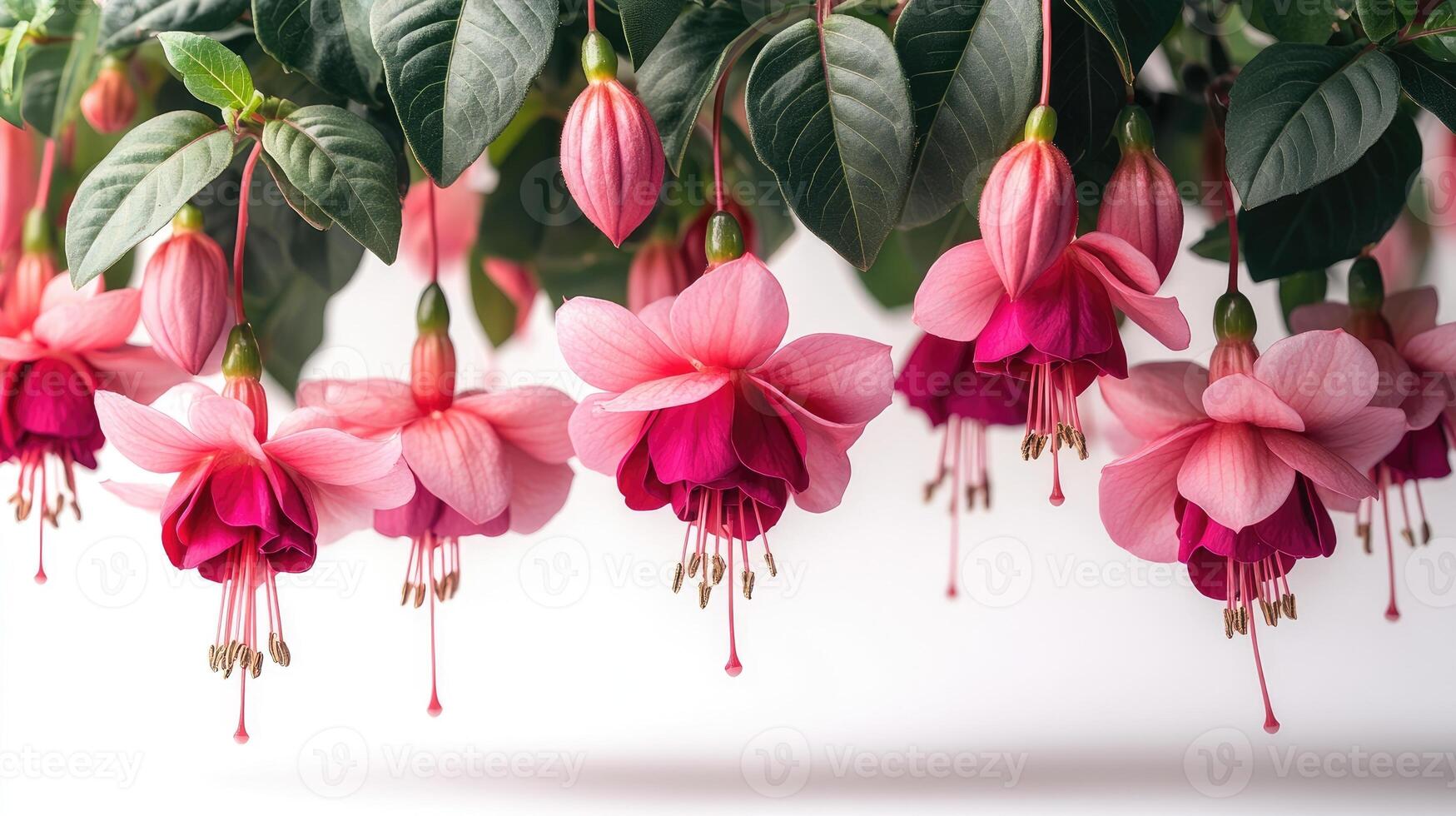Beautiful pink fuchsia flowers hanging in the gentle breeze photo