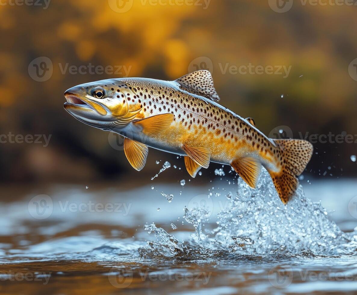Brown trout fish jumping splashing water river wildlife nature photo