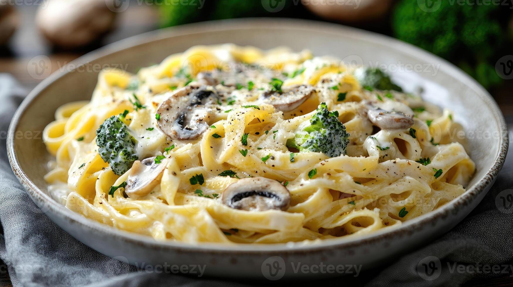 Creamy mushroom and broccoli pasta dish being served for dinner photo