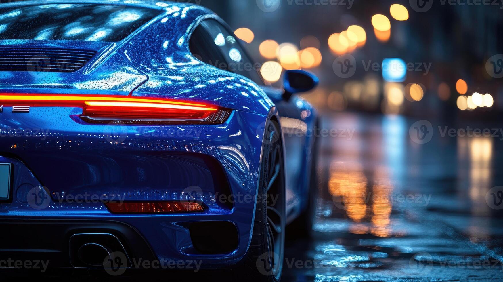 Blue sports car parked in a city at night reflecting city lights photo