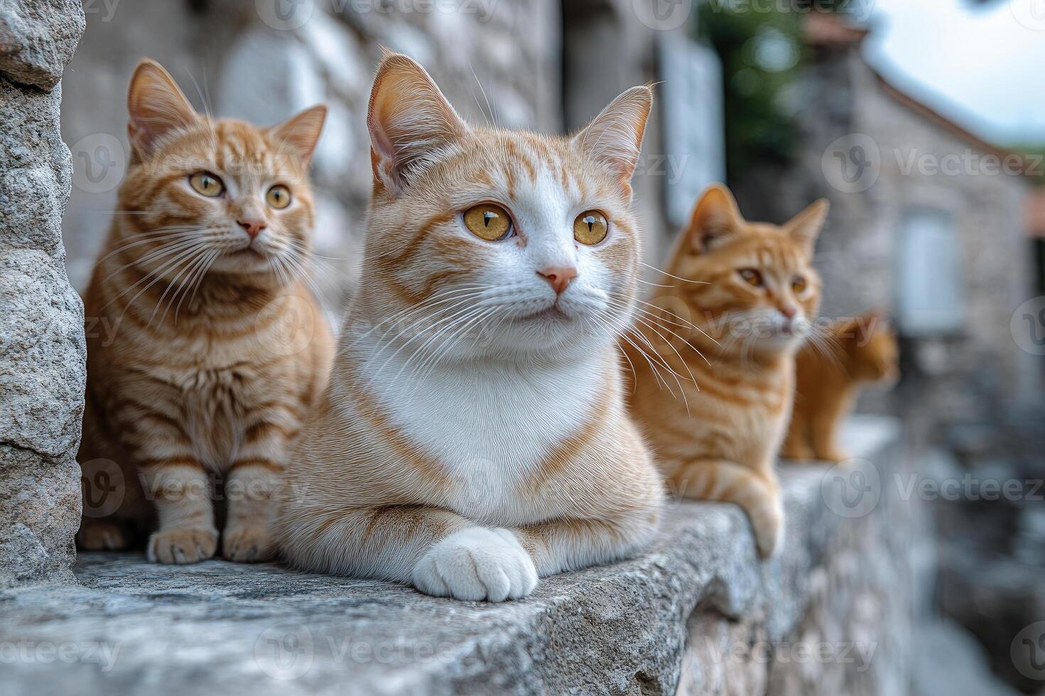 Ginger cats posing on a blue ledge photo