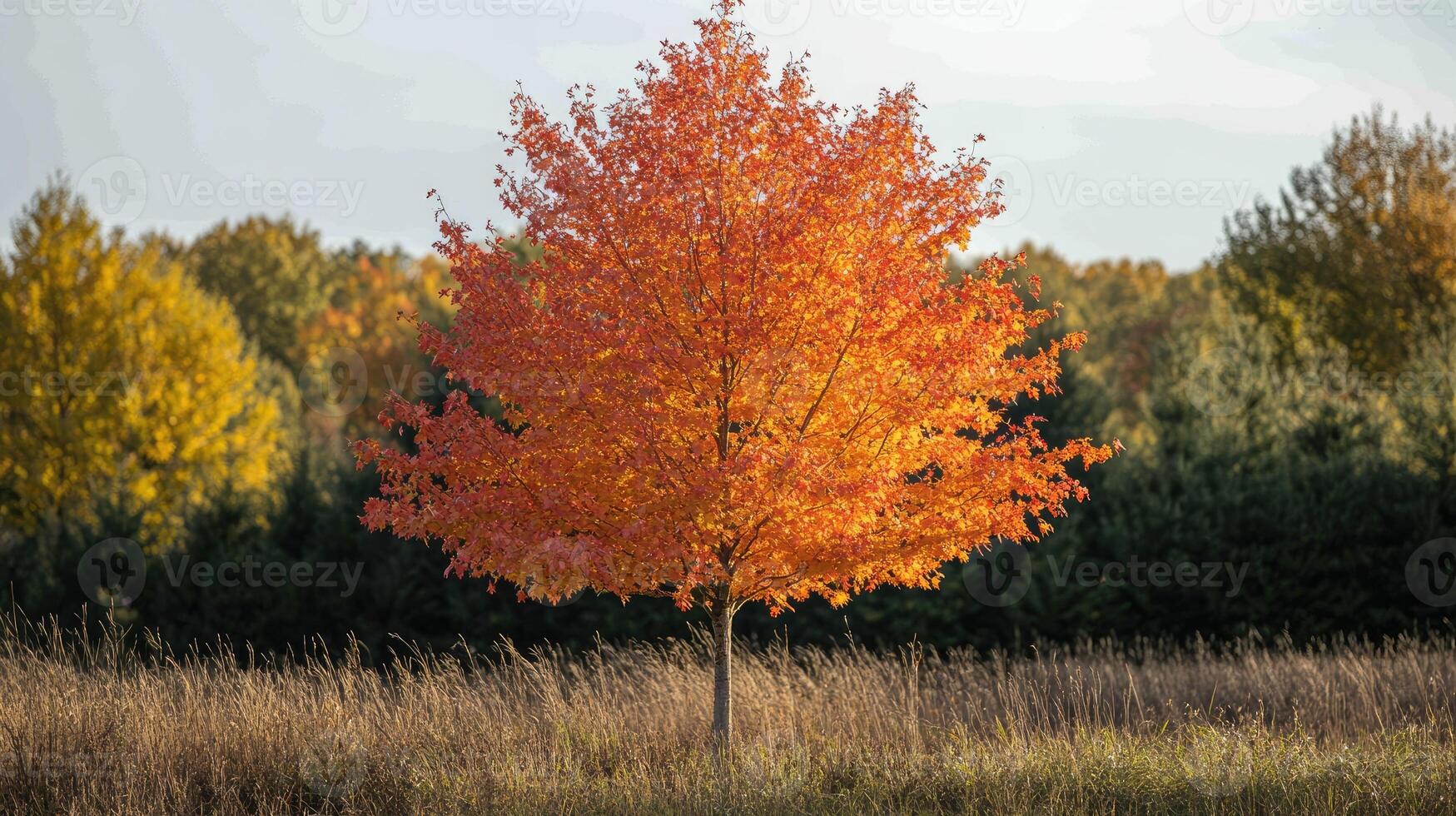 Bright red maple tree standing in a field in autumn photo