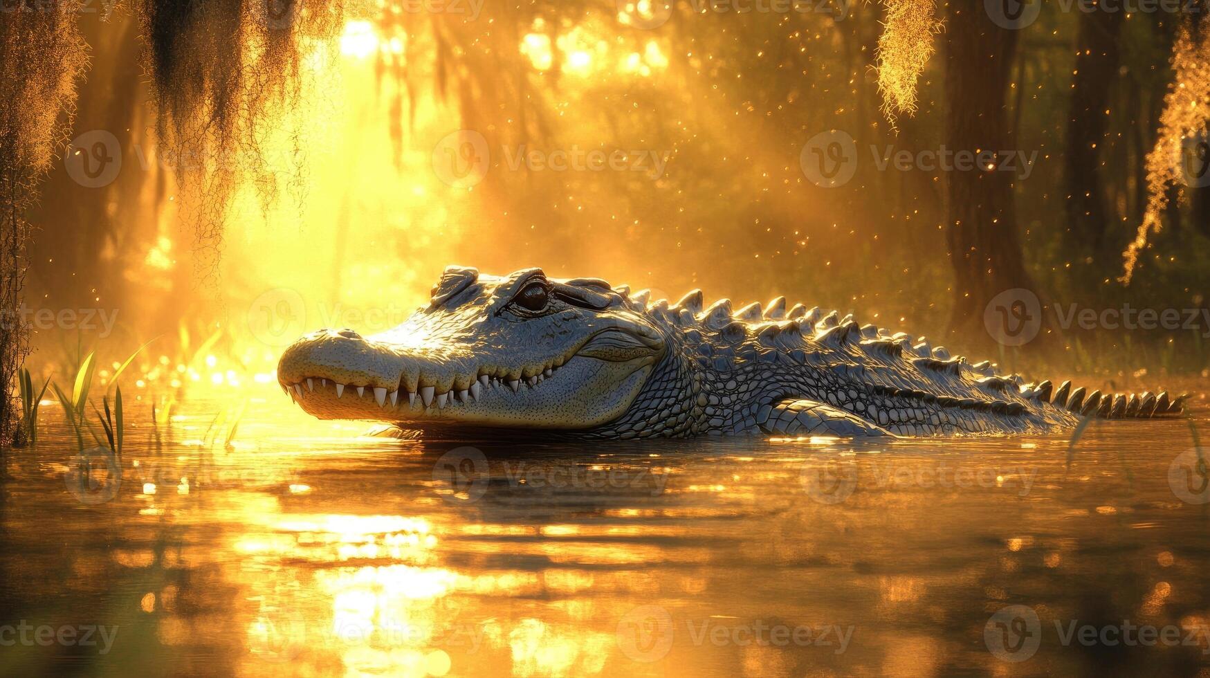 American alligator resting in a swamp at sunset photo