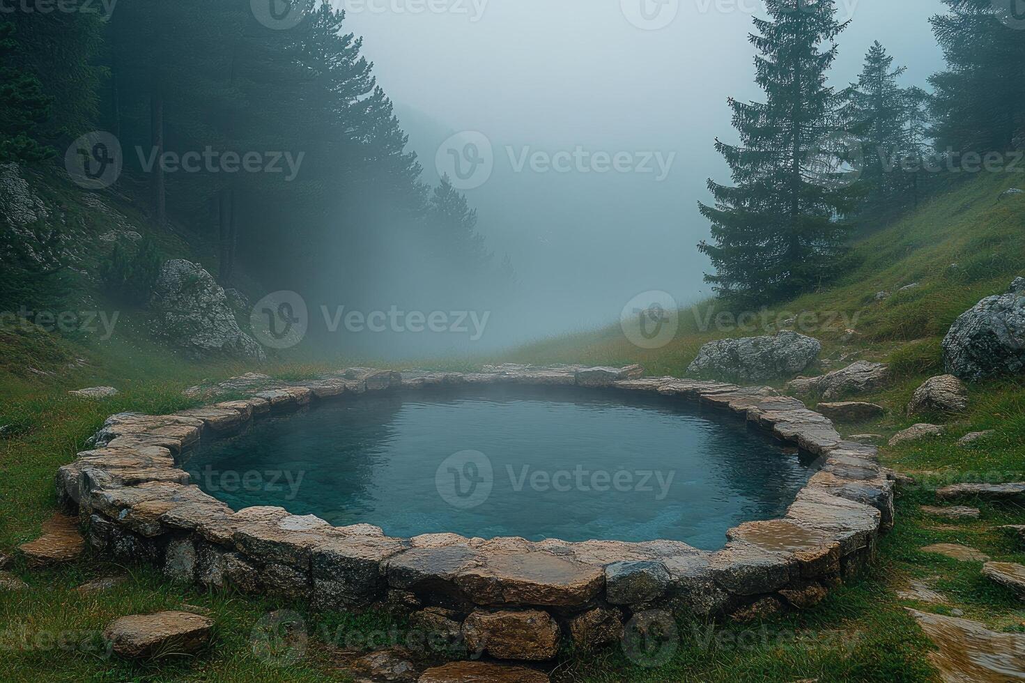 Natural pool reflecting fog surrounded by forest and mountains photo