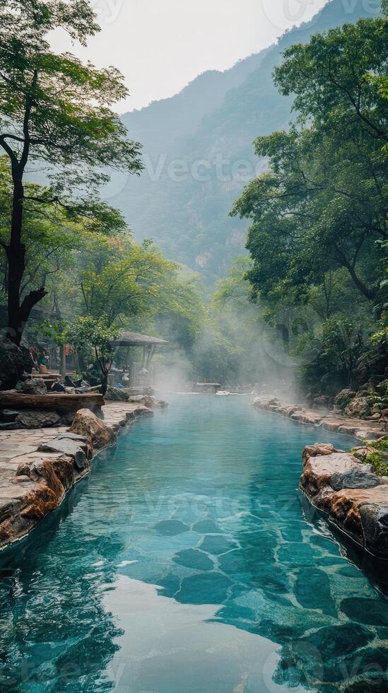 Hot spring water flowing through a luxurious spa in the mountains photo