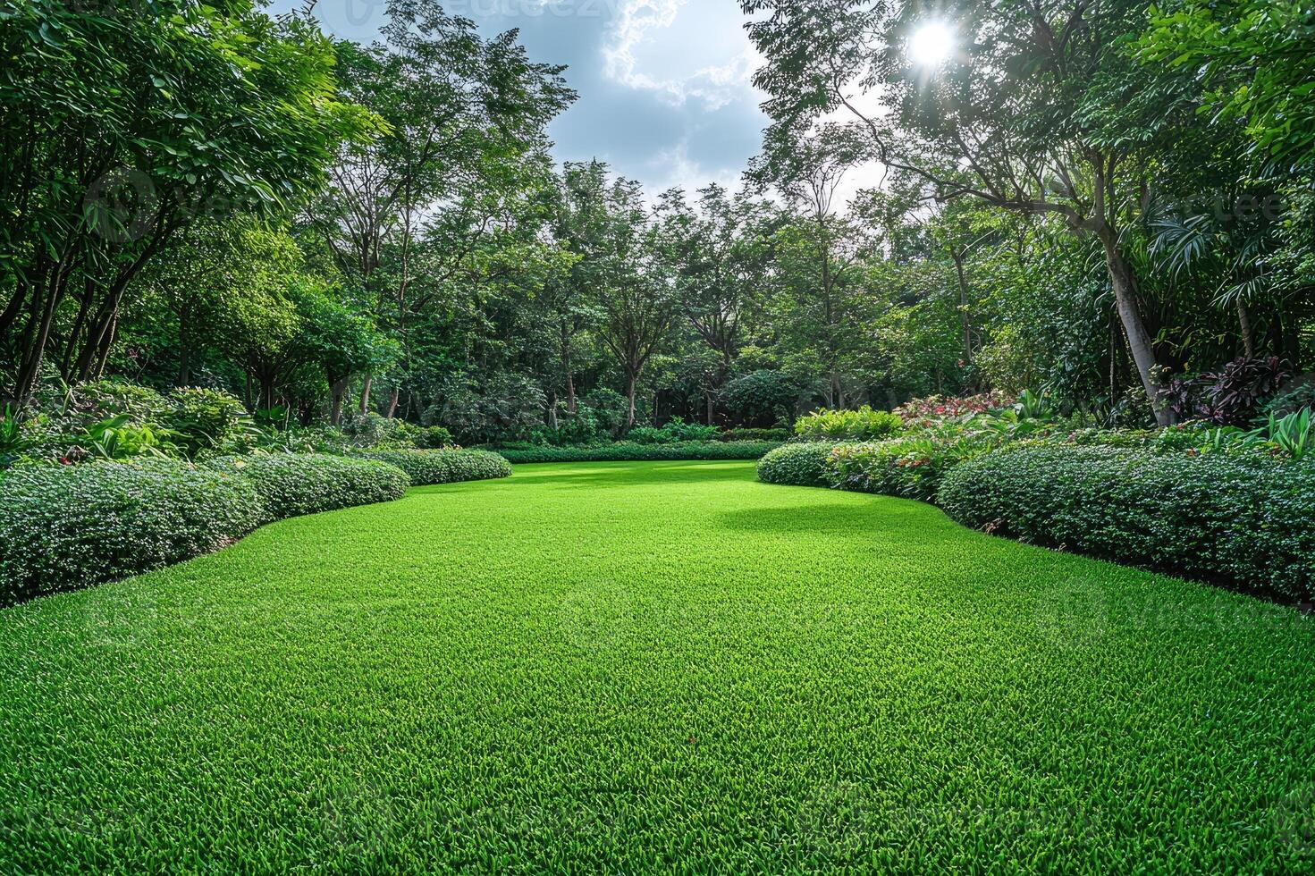 Lush green grass growing in a garden on a sunny day photo