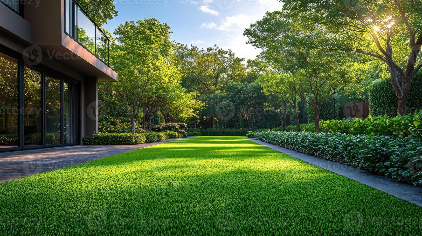 Lush green grass growing in a tranquil garden setting photo