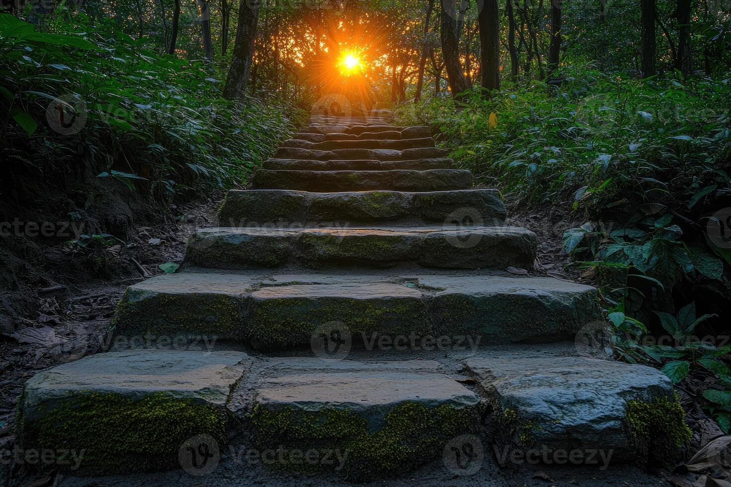 Stone steps leading to sunset light through forest trees photo