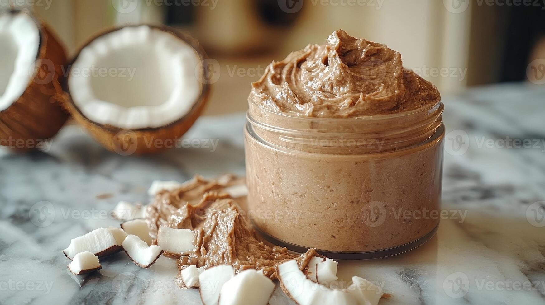 Jar of sugar scrub surrounded by coconut pieces on gray surface photo
