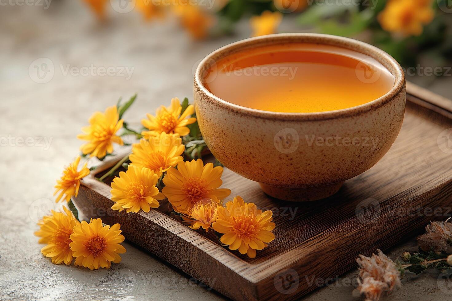 Cup of herbal tea with fresh yellow chrysanthemum flowers on wooden tray photo