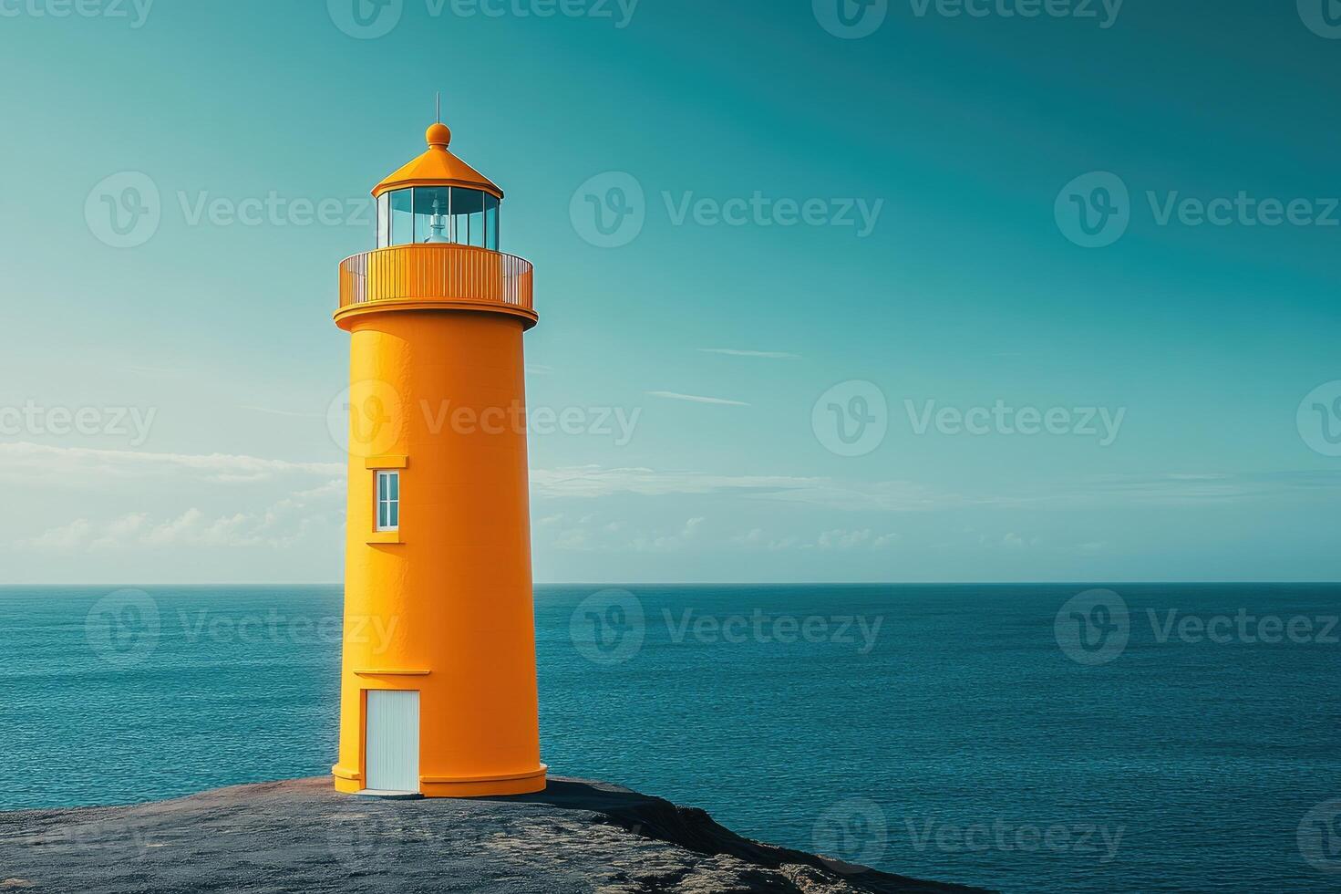 Bright yellow lighthouse standing on rocky coastline photo