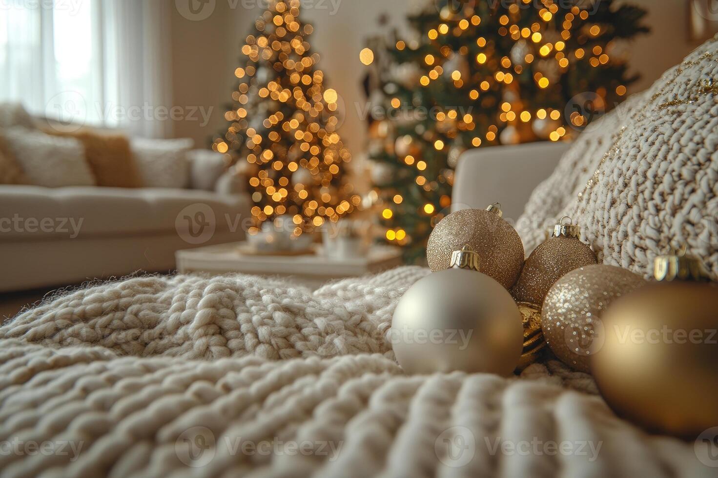 Christmas balls resting on knitted blanket with christmas trees in background photo