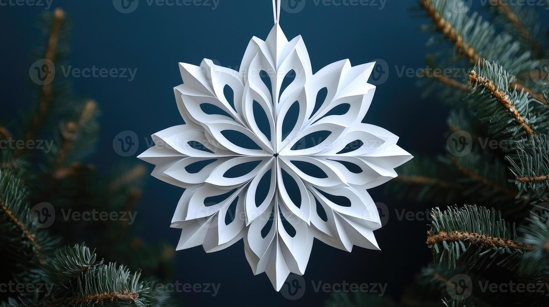 White christmas ornament hanging on a christmas tree with red baubles photo