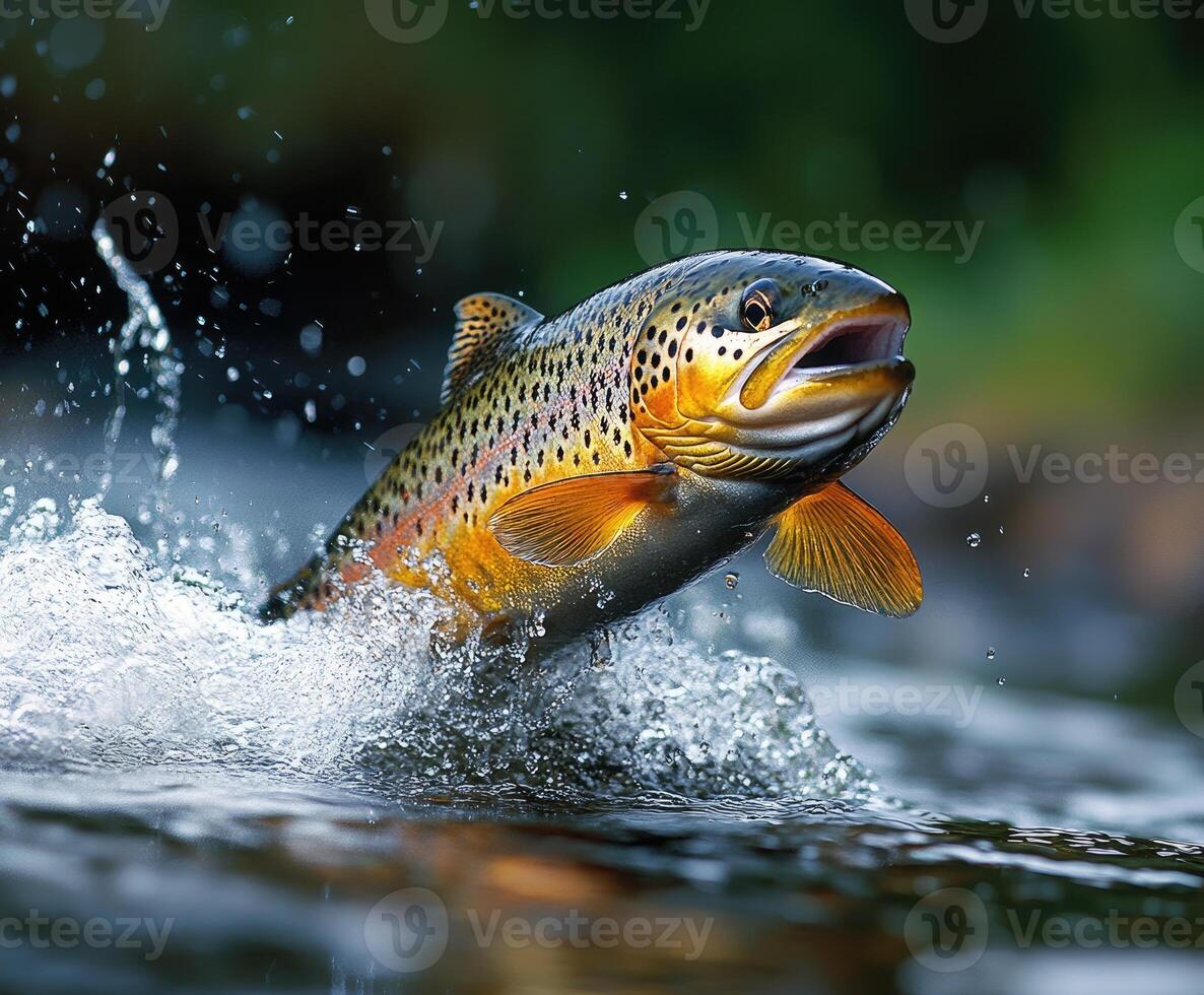 Brown trout fish jumping splashing water river wildlife nature photo