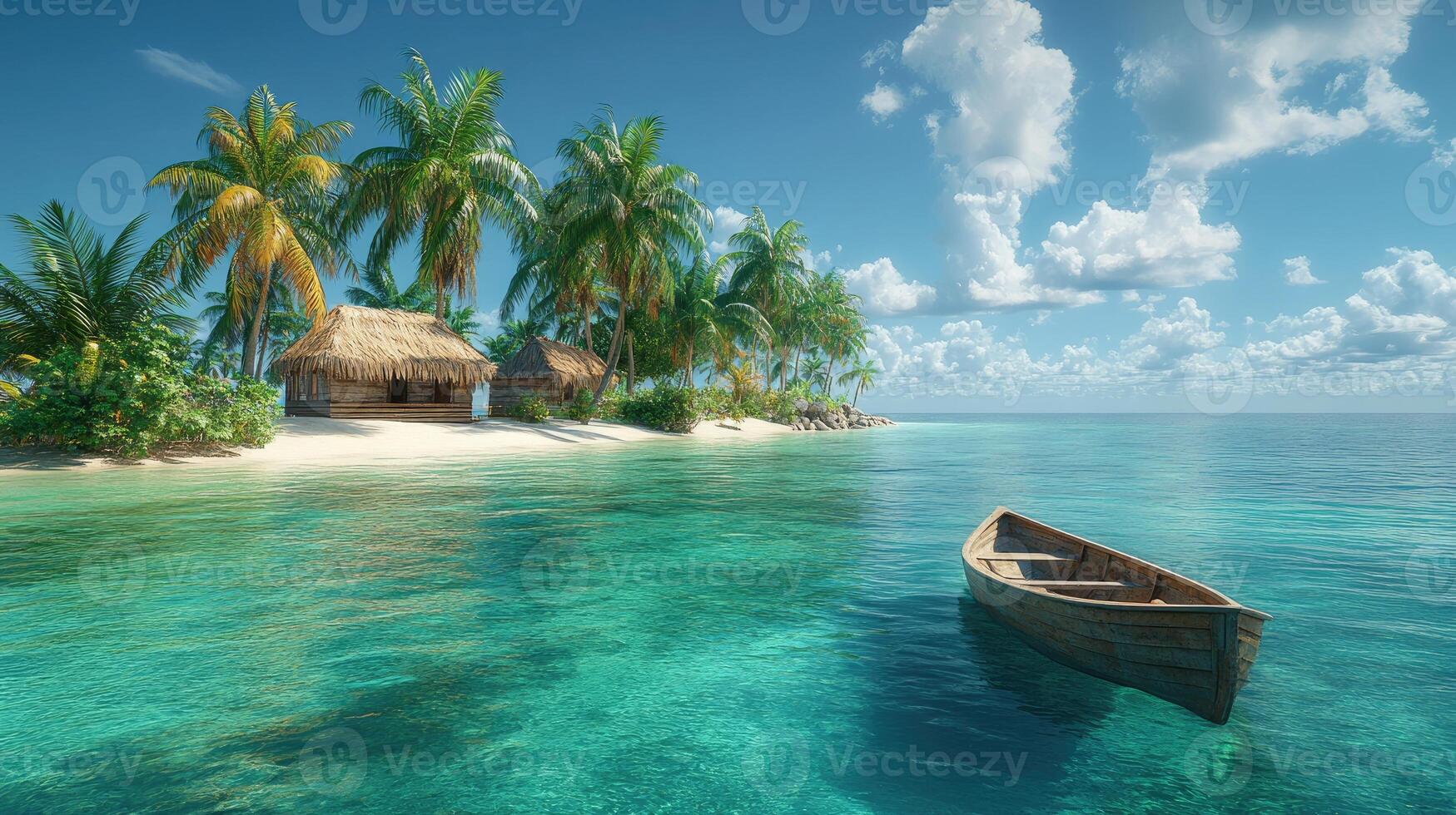 Small wooden boat floating in ocean near tropical island with bungalow photo