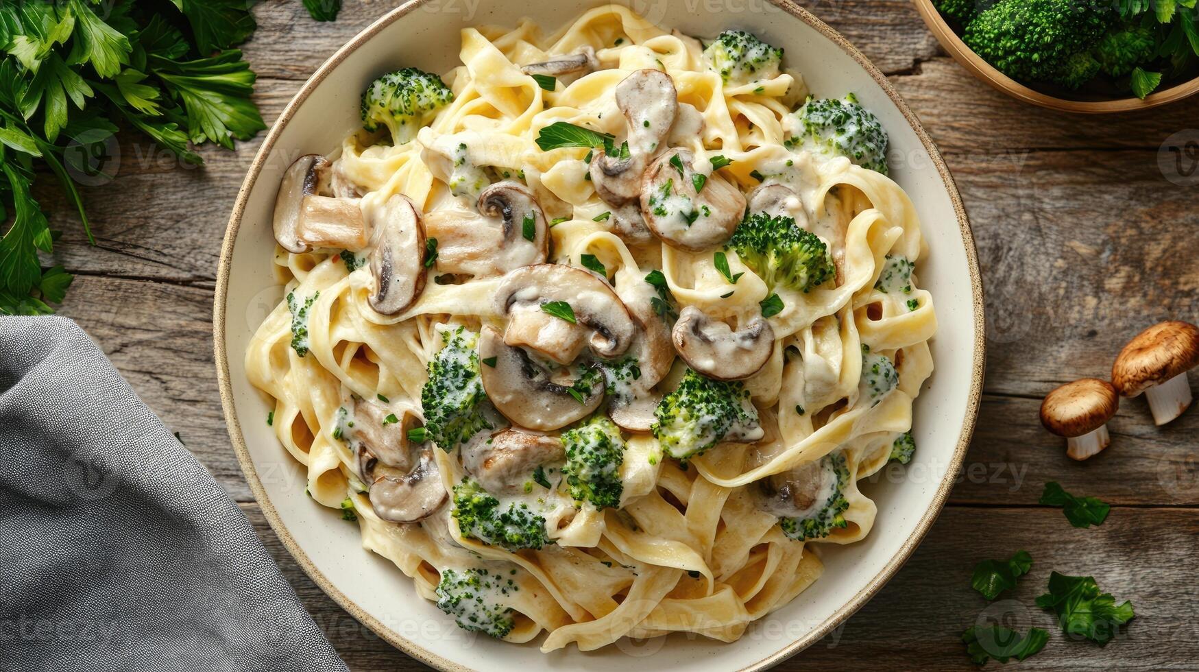 Creamy mushroom and broccoli pasta dish being served for dinner photo