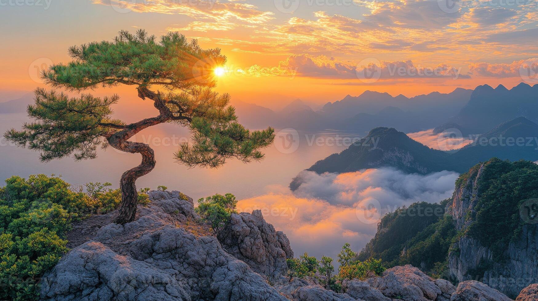 Lone pine tree standing on a cliff edge overlooking a mountain valley at sunset photo