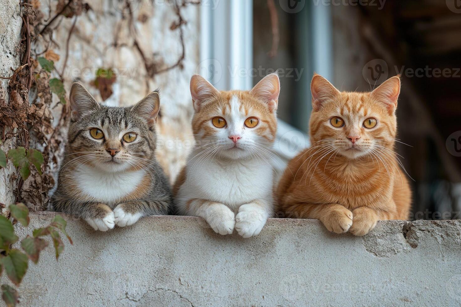 Three ginger cats posing on a blue ledge photo