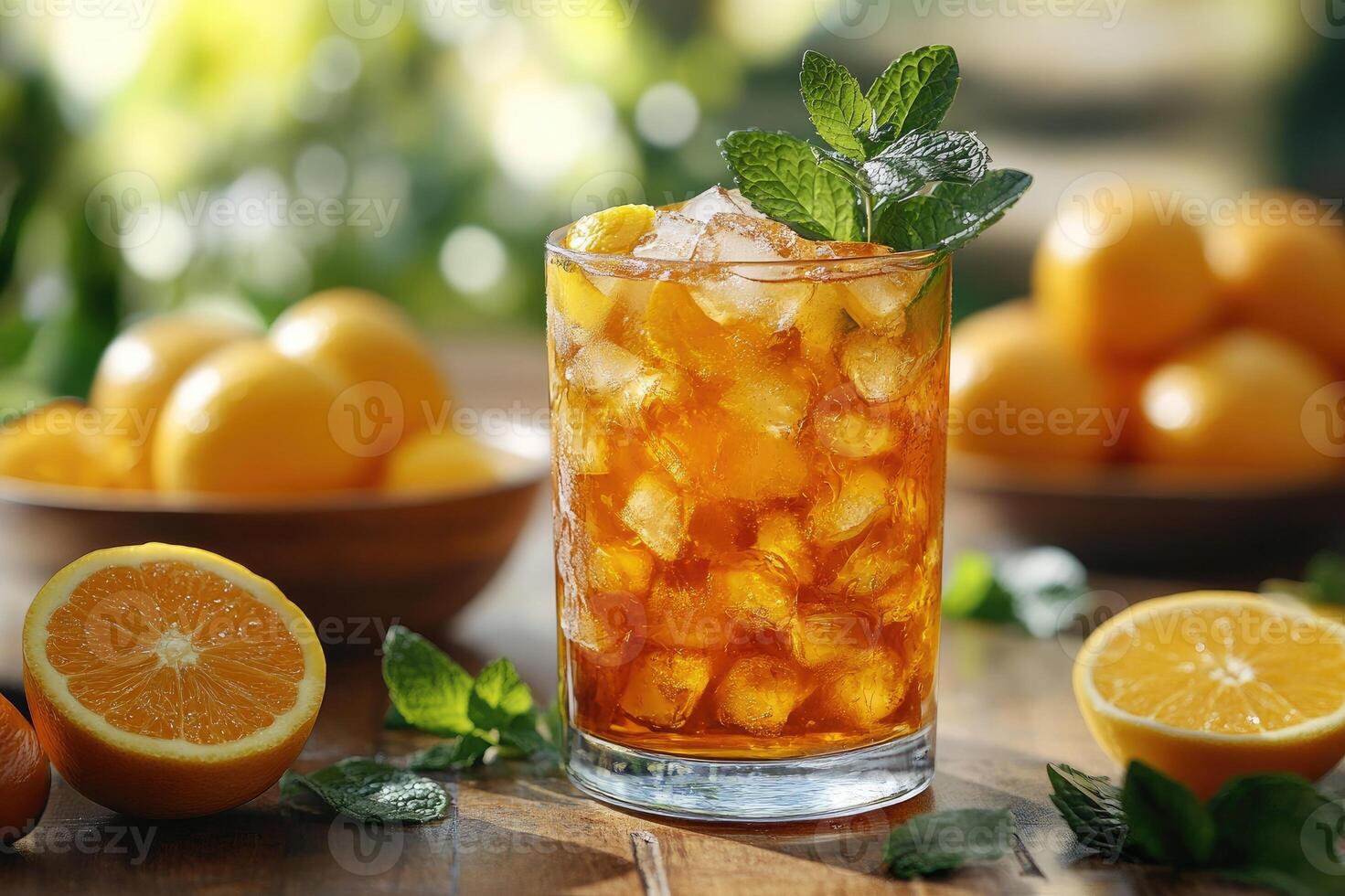 Refreshing iced tea with lemon and mint on wooden table photo