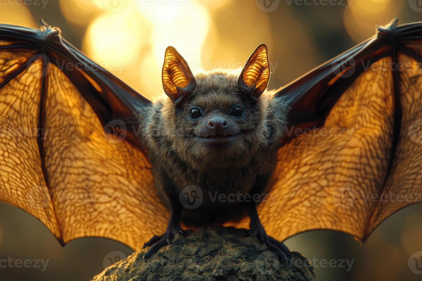 Brown bat showing large wings while sitting on a rock photo