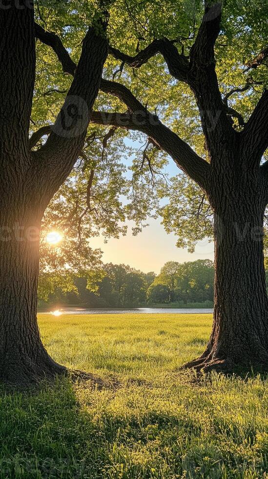 Golden sunset shining through trees on a lake shore photo