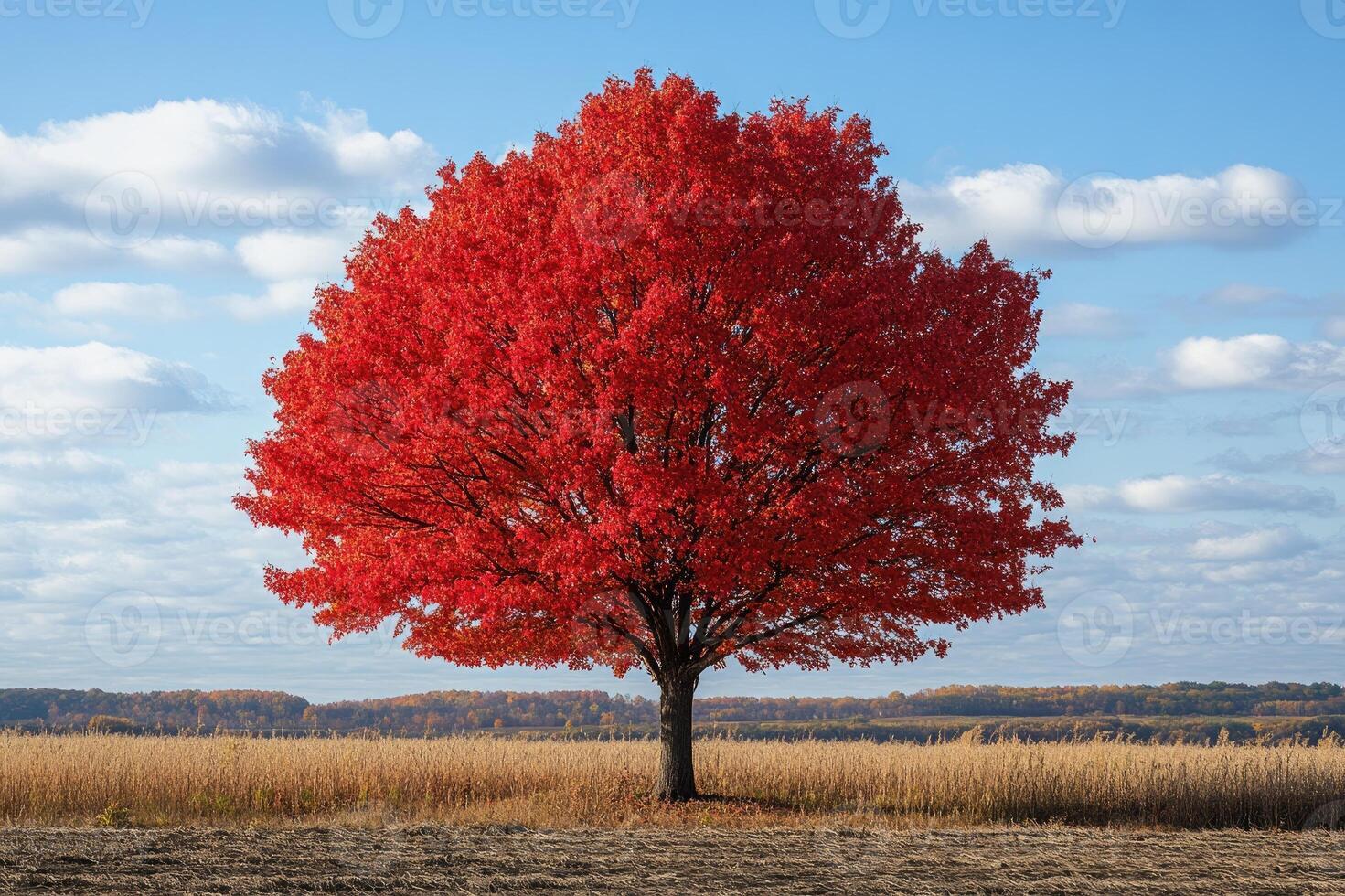 Bright red maple tree standing in a field in autumn photo