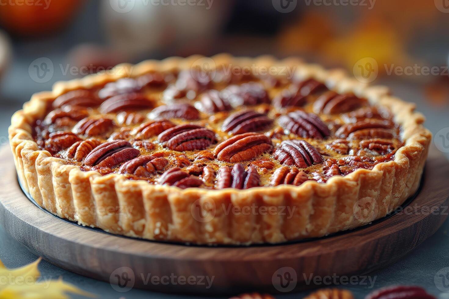 Delicious pecan pie resting on wooden plate photo