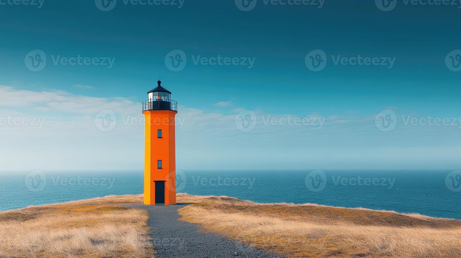 Tall orange lighthouse standing on a grassy cliff overlooking the ocean photo