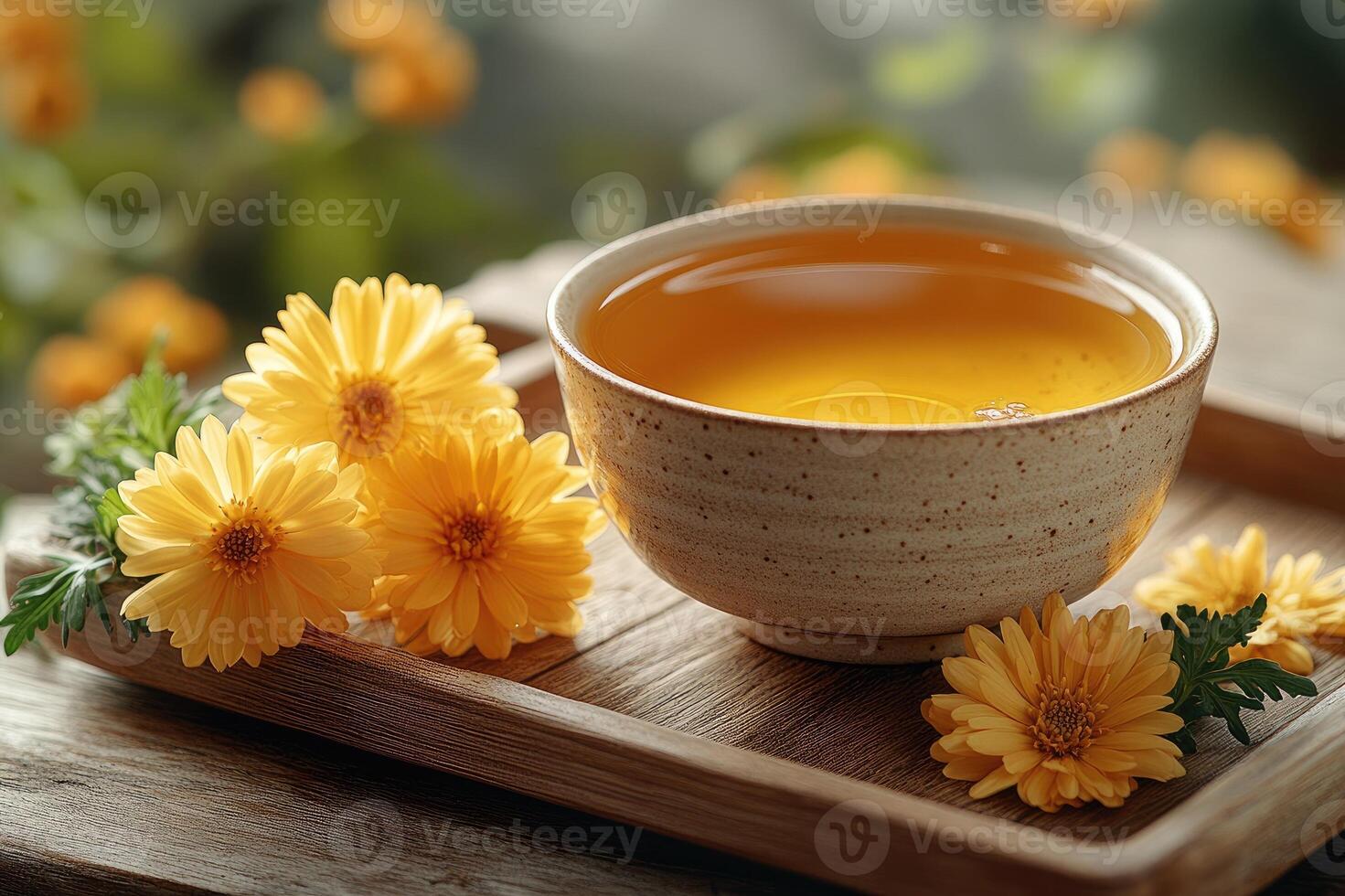 Cup of herbal tea with fresh yellow chrysanthemum flowers on wooden tray photo