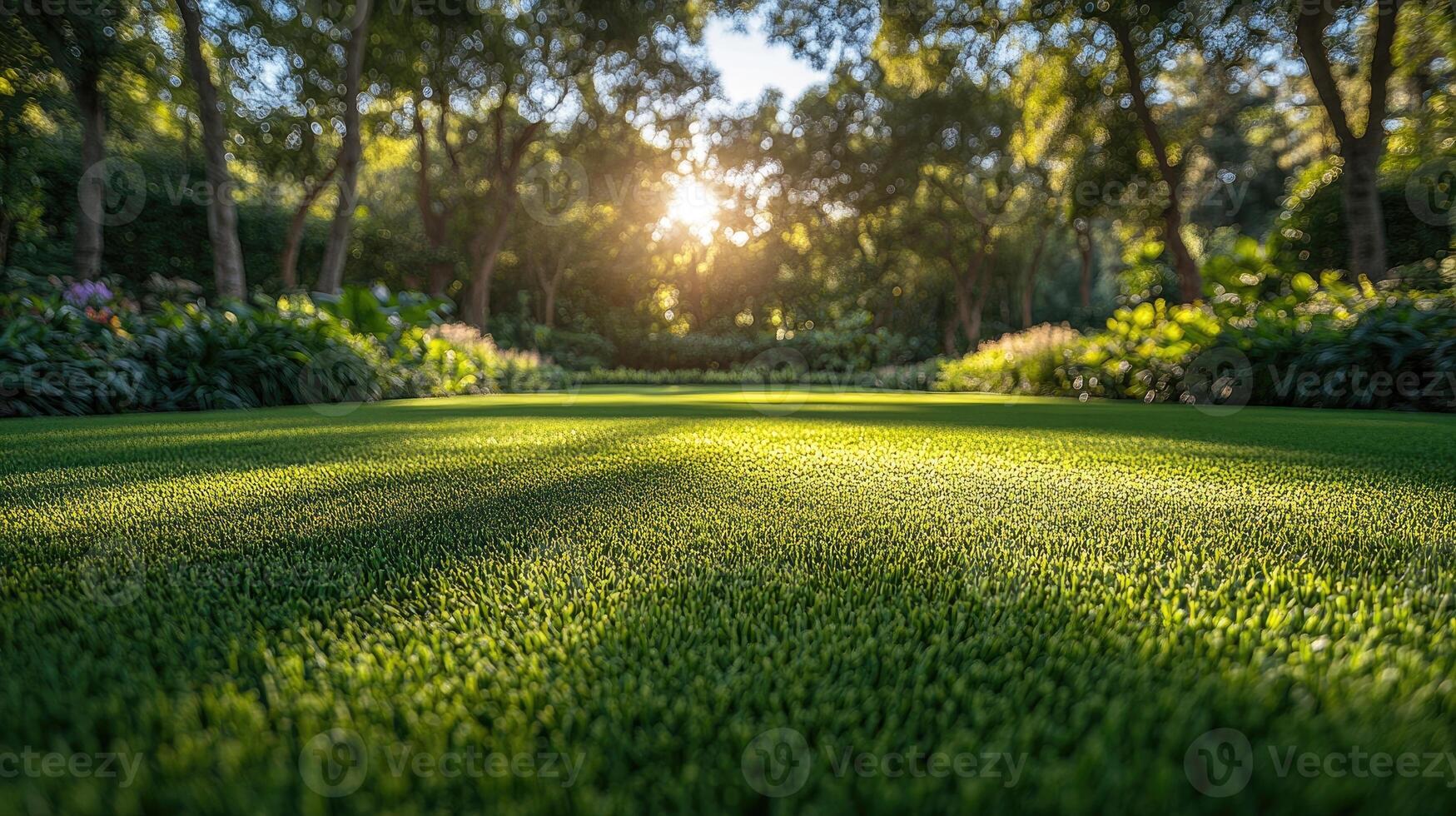 Lush green grass growing in a tranquil garden setting photo