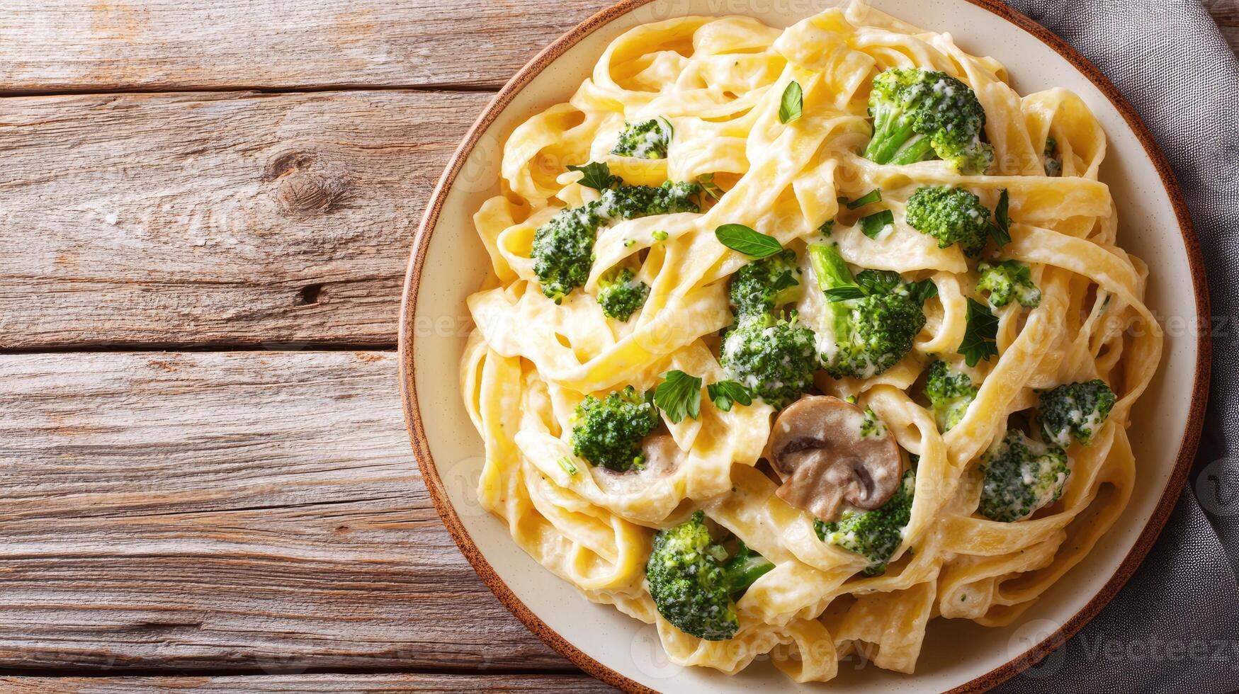 Creamy mushroom and broccoli pasta dish being served for dinner photo