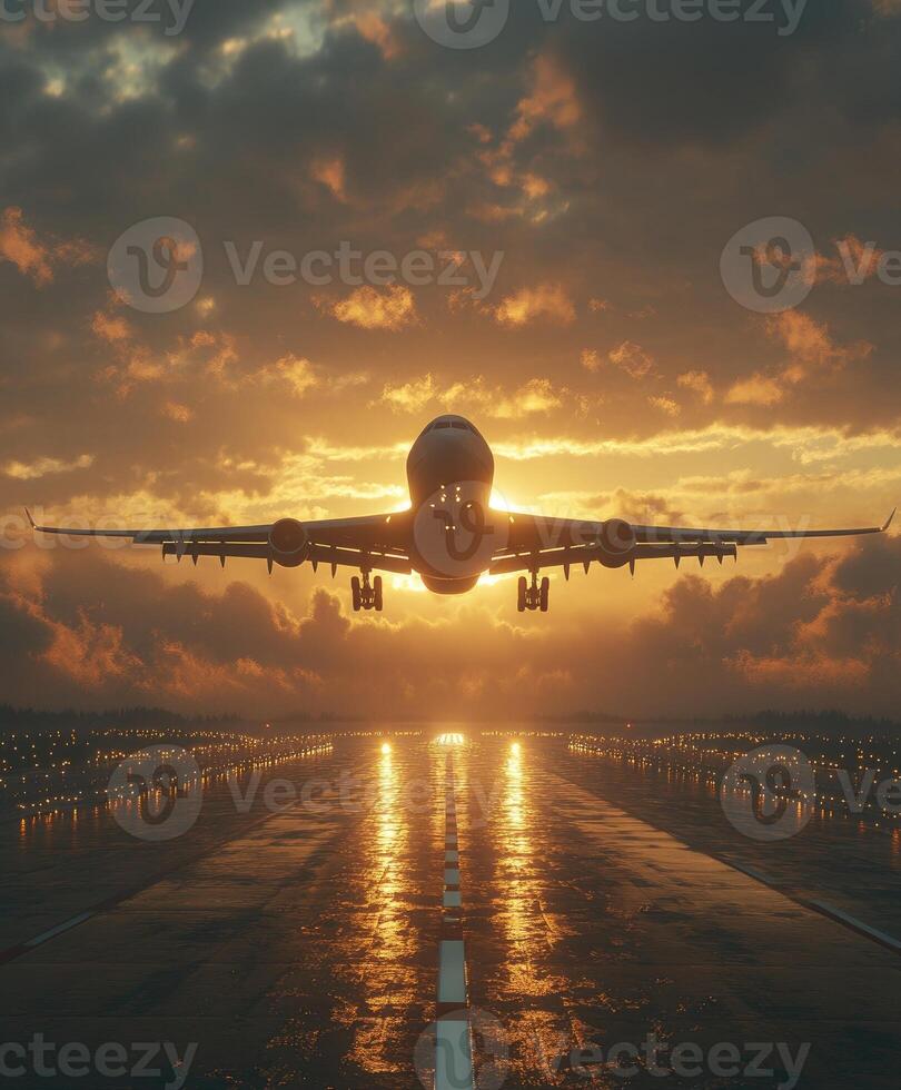 Passenger airplane landing at sunset on the runway of an airport photo