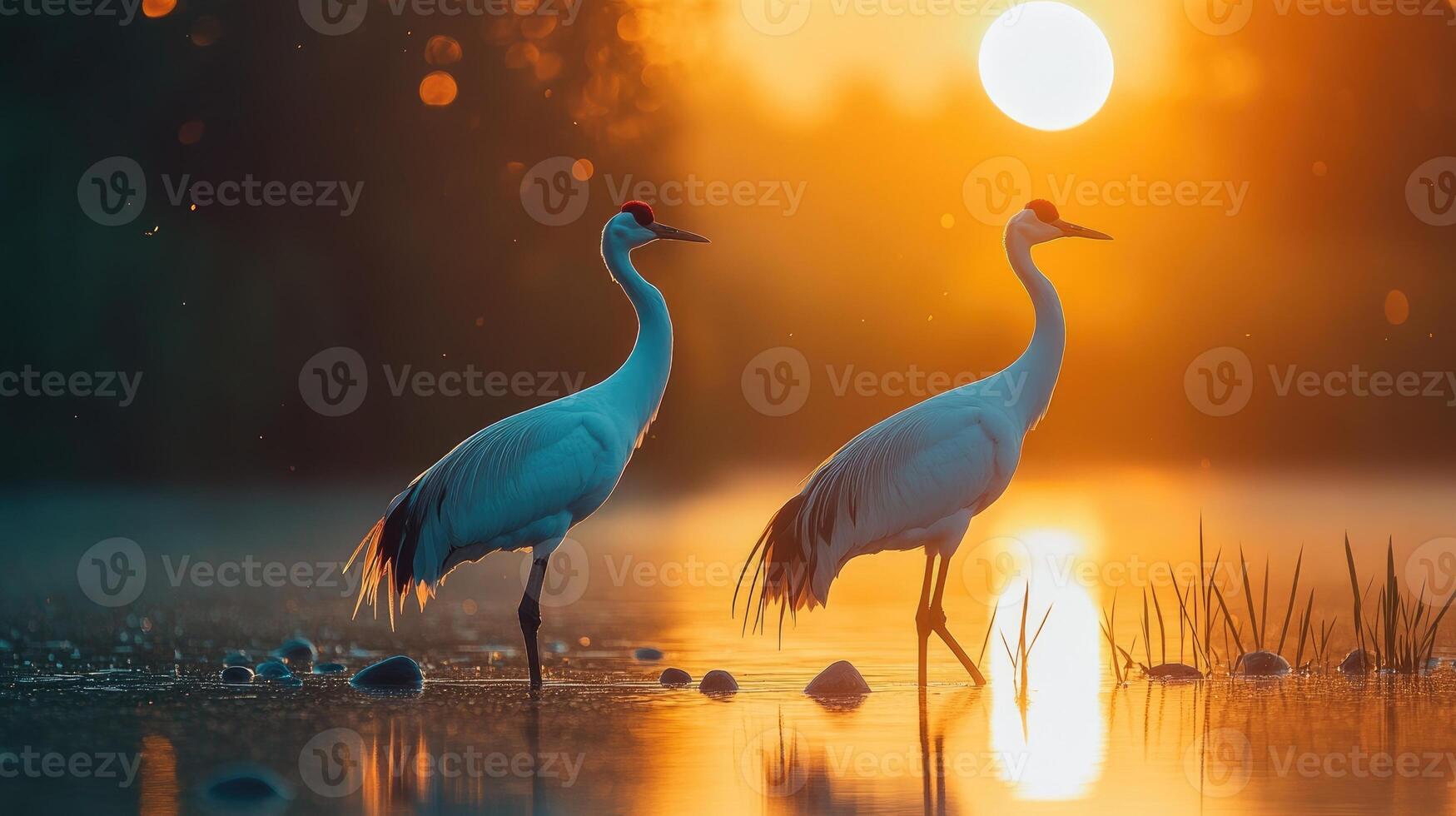 Two whooping cranes standing on rocks at sunset photo