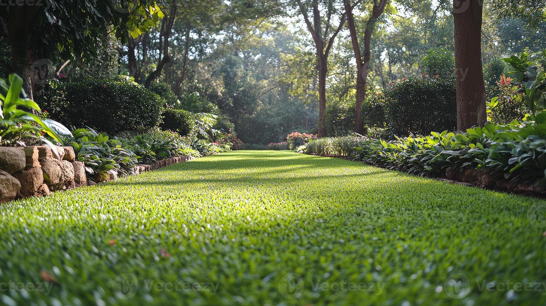 Lush green grass growing in a tranquil garden setting photo