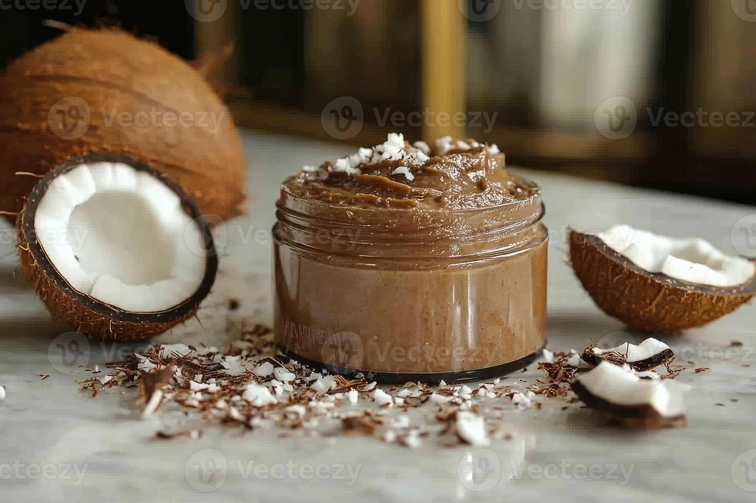 Jar of homemade organic coconut scrub surrounded by freshly shredded coconut photo