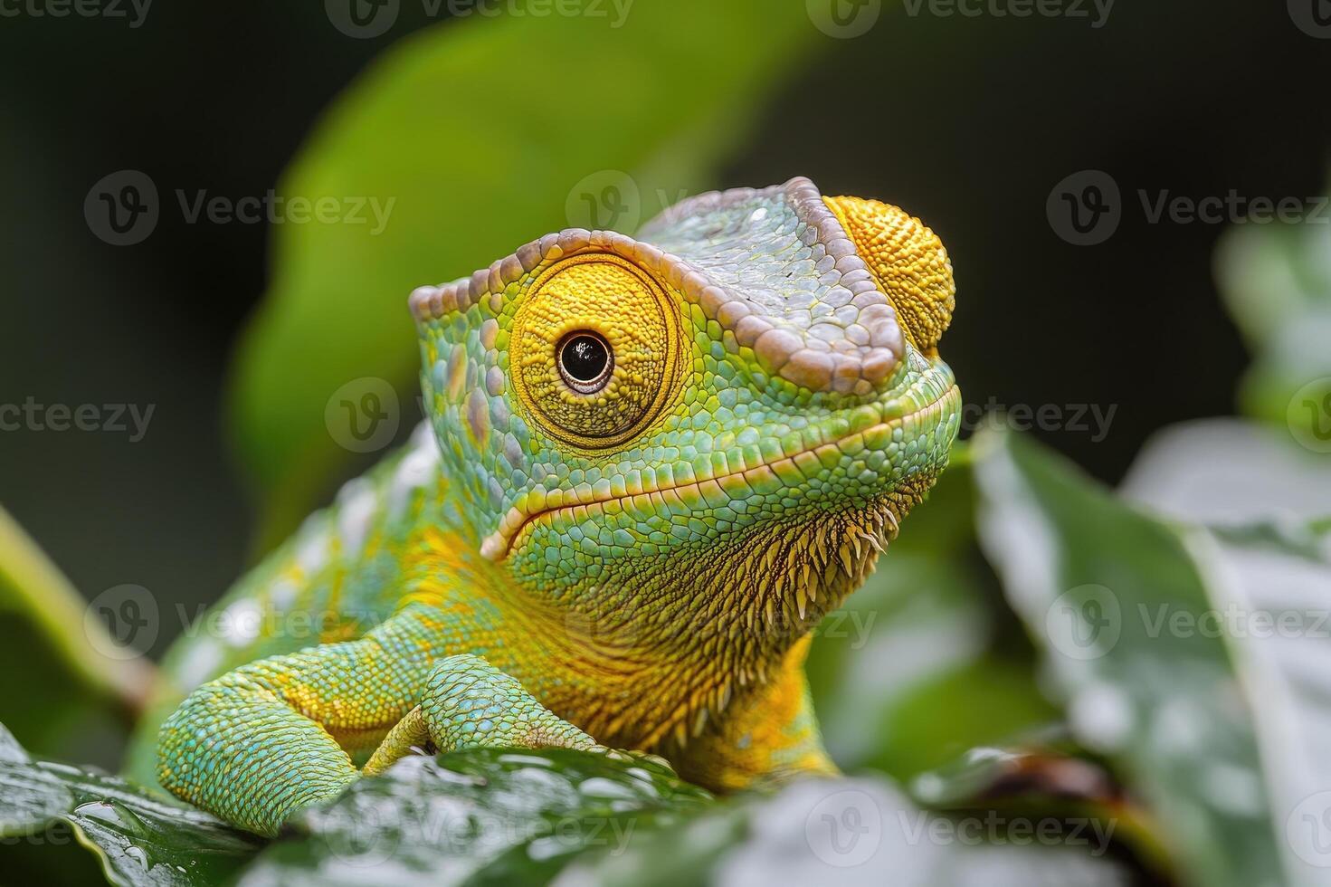 Veiled chameleon resting on a branch in the rainforest photo
