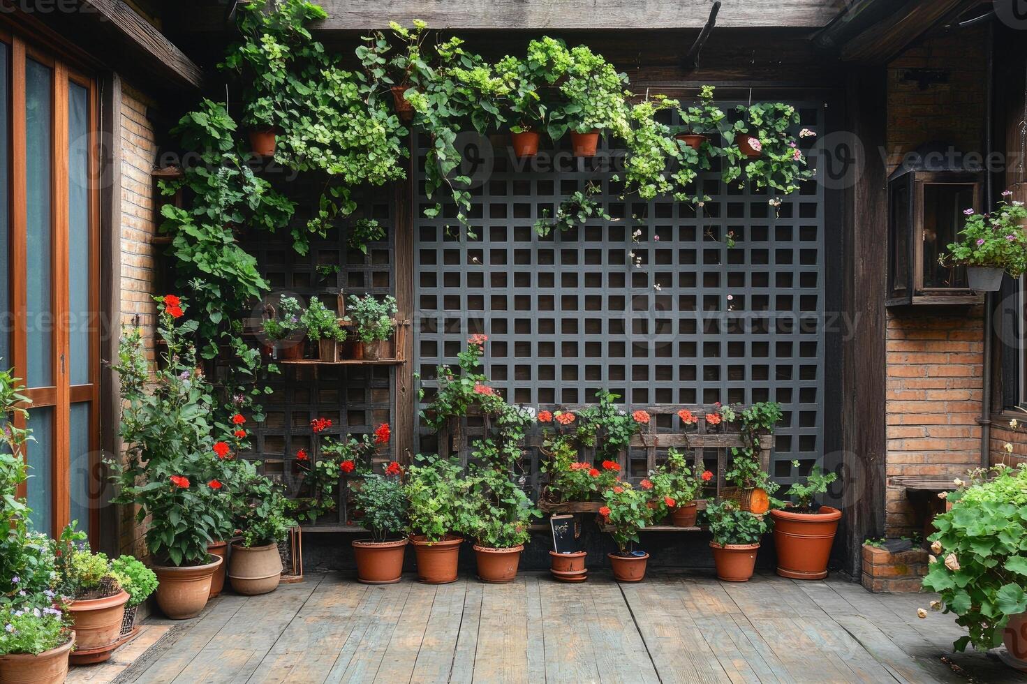 Wooden door standing in charming patio full of plants photo