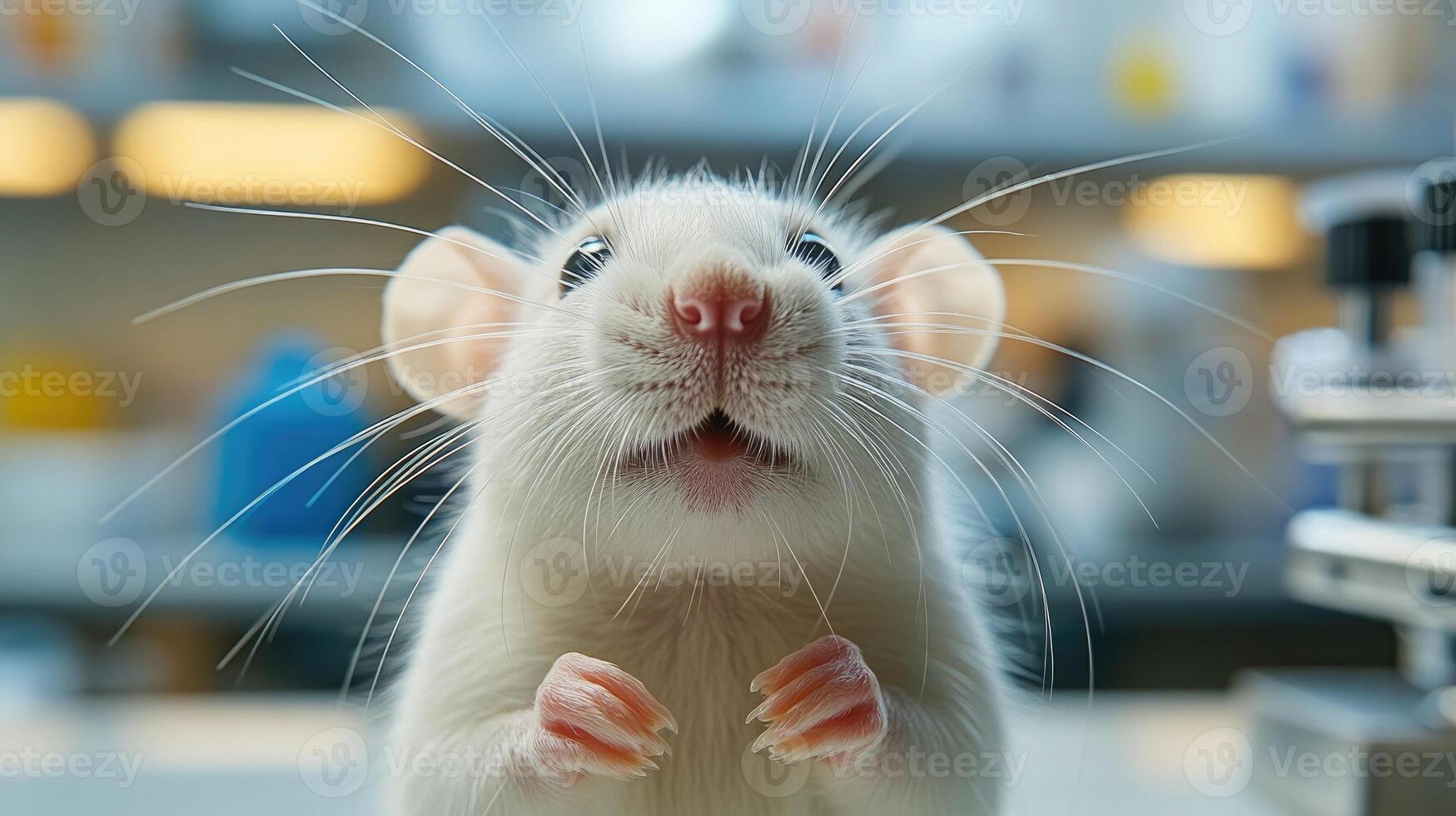 Laboratory rat posing on table in medical research facility photo