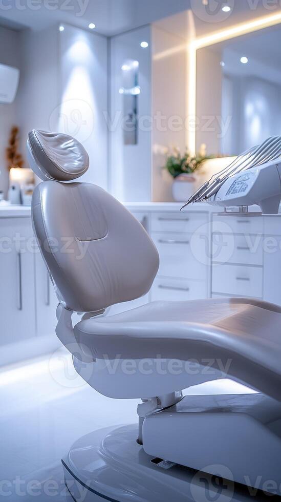 Modern dental office featuring a blue dentist chair waiting for patient photo