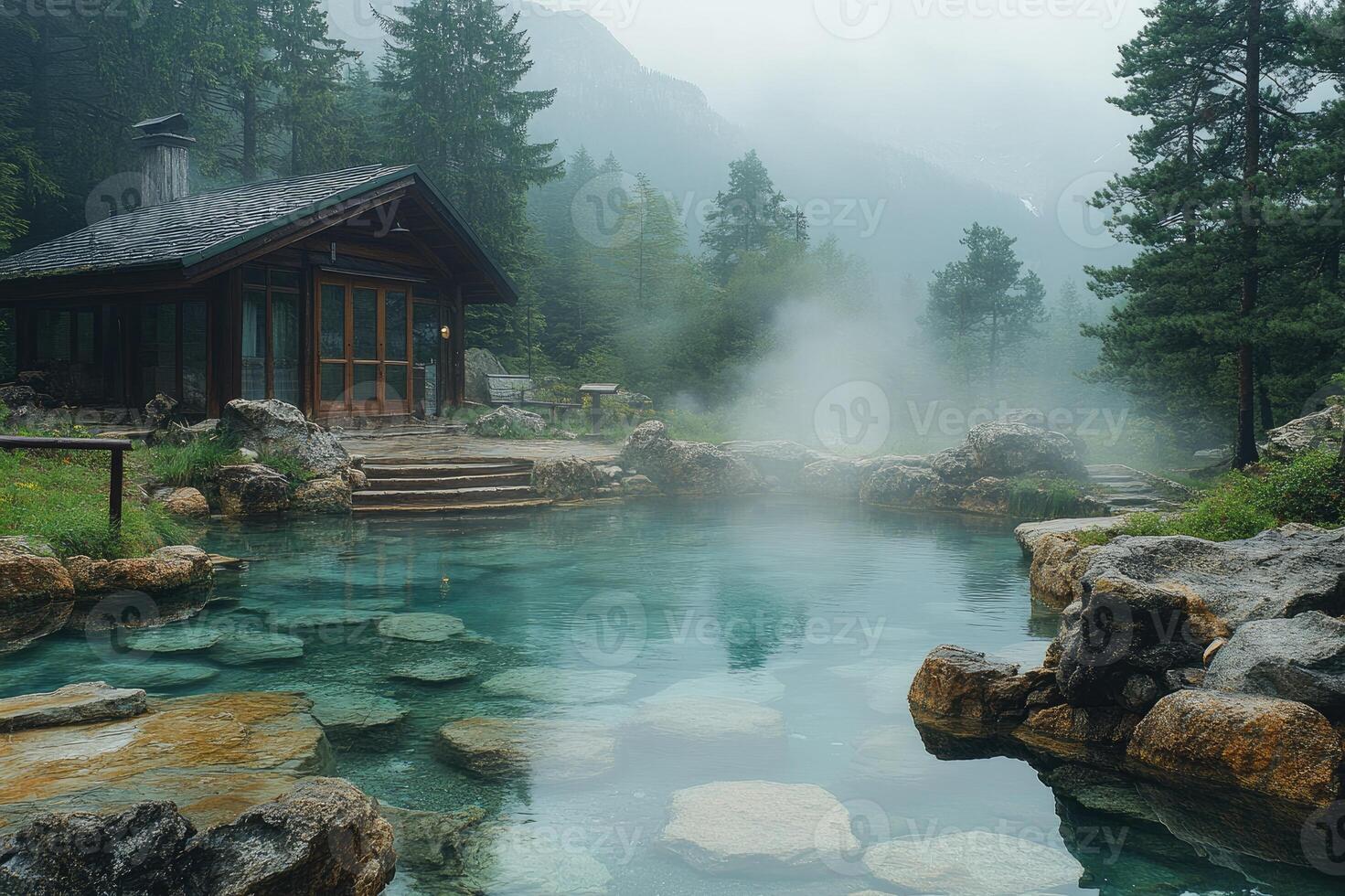 Crystal clear pond reflecting forest in foggy mountains photo
