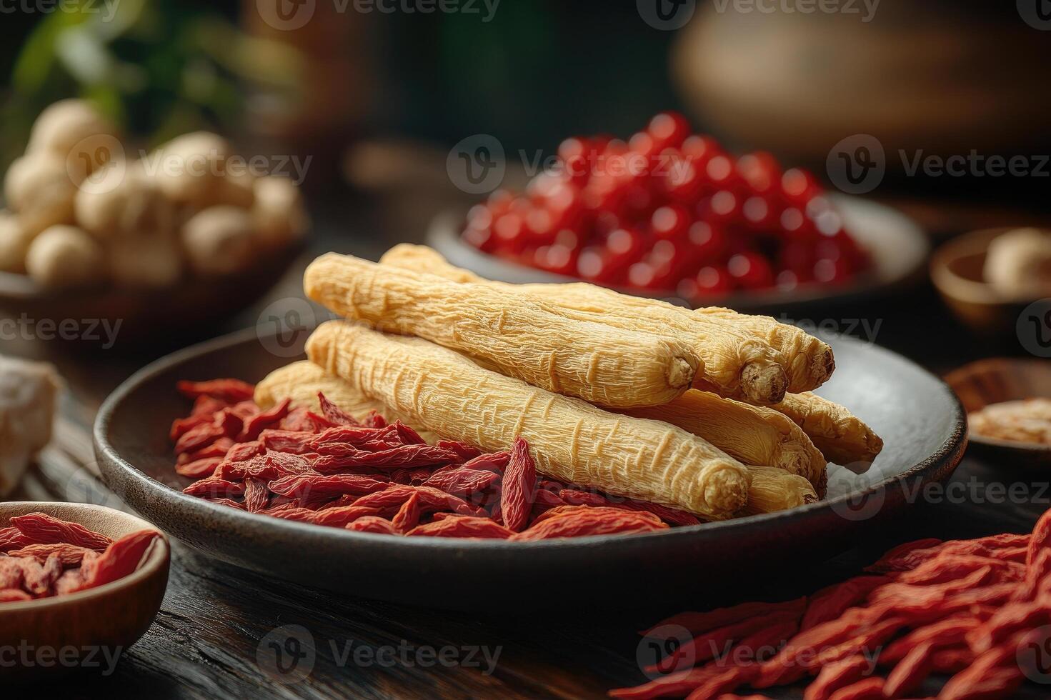 Dried dang shen and goji berries on rustic plate for traditional chinese medicine photo
