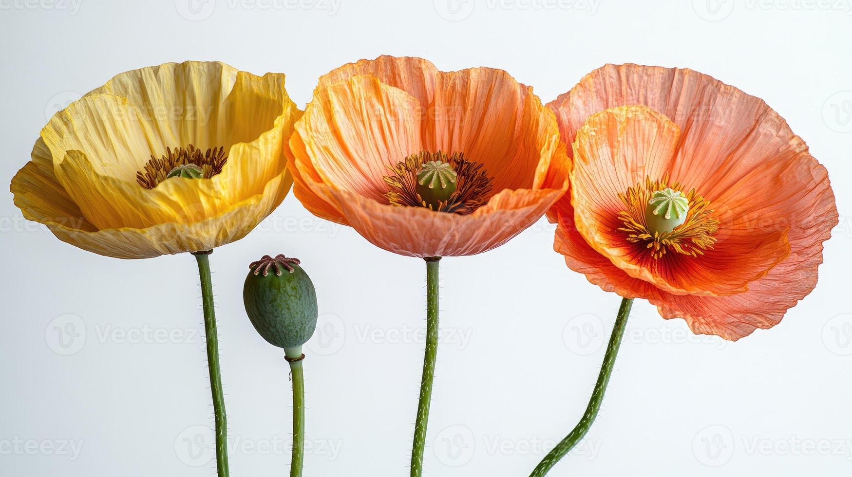 Three colorful poppies blooming on white background photo