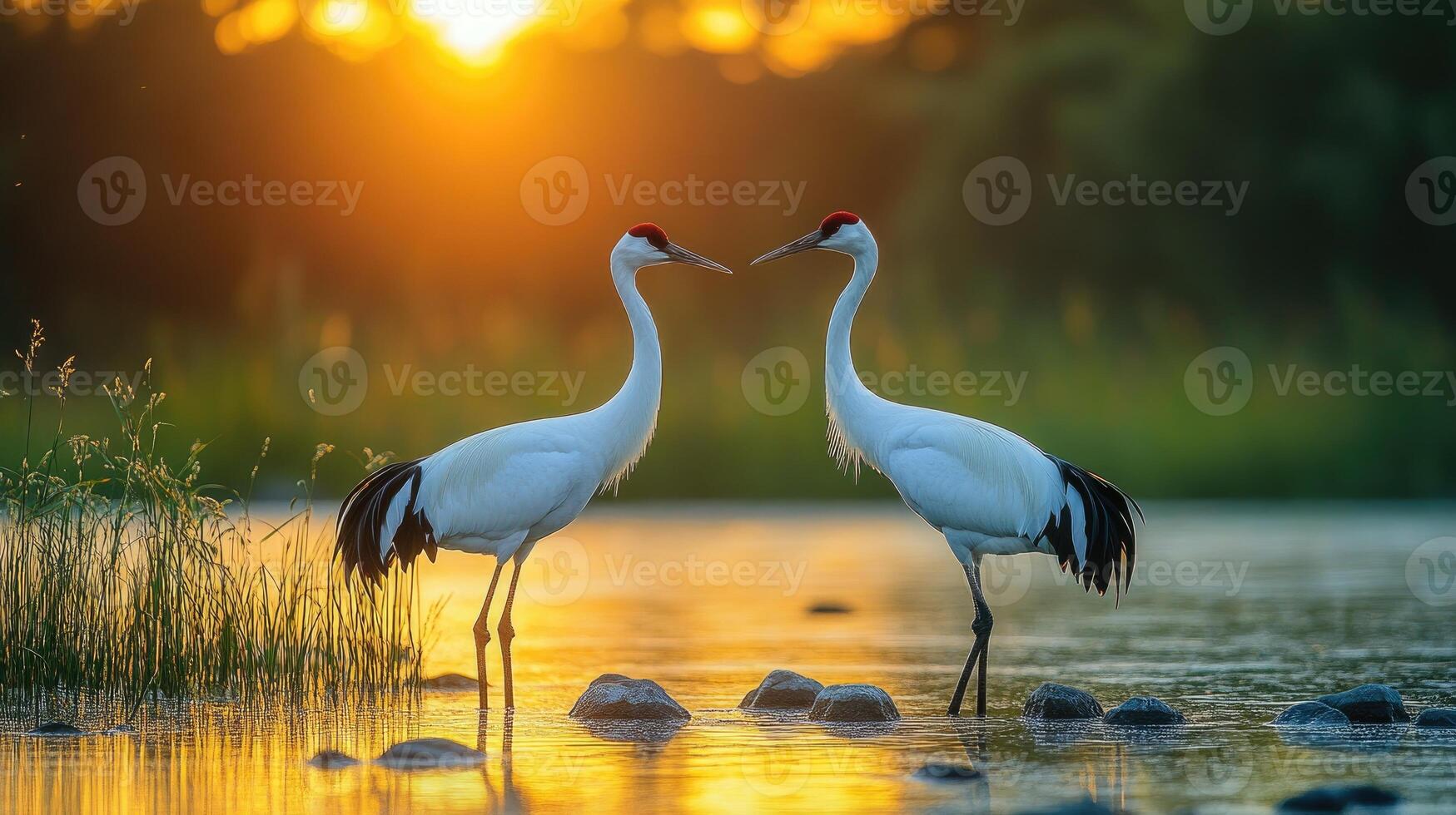 Two whooping cranes standing on rocks at sunset photo
