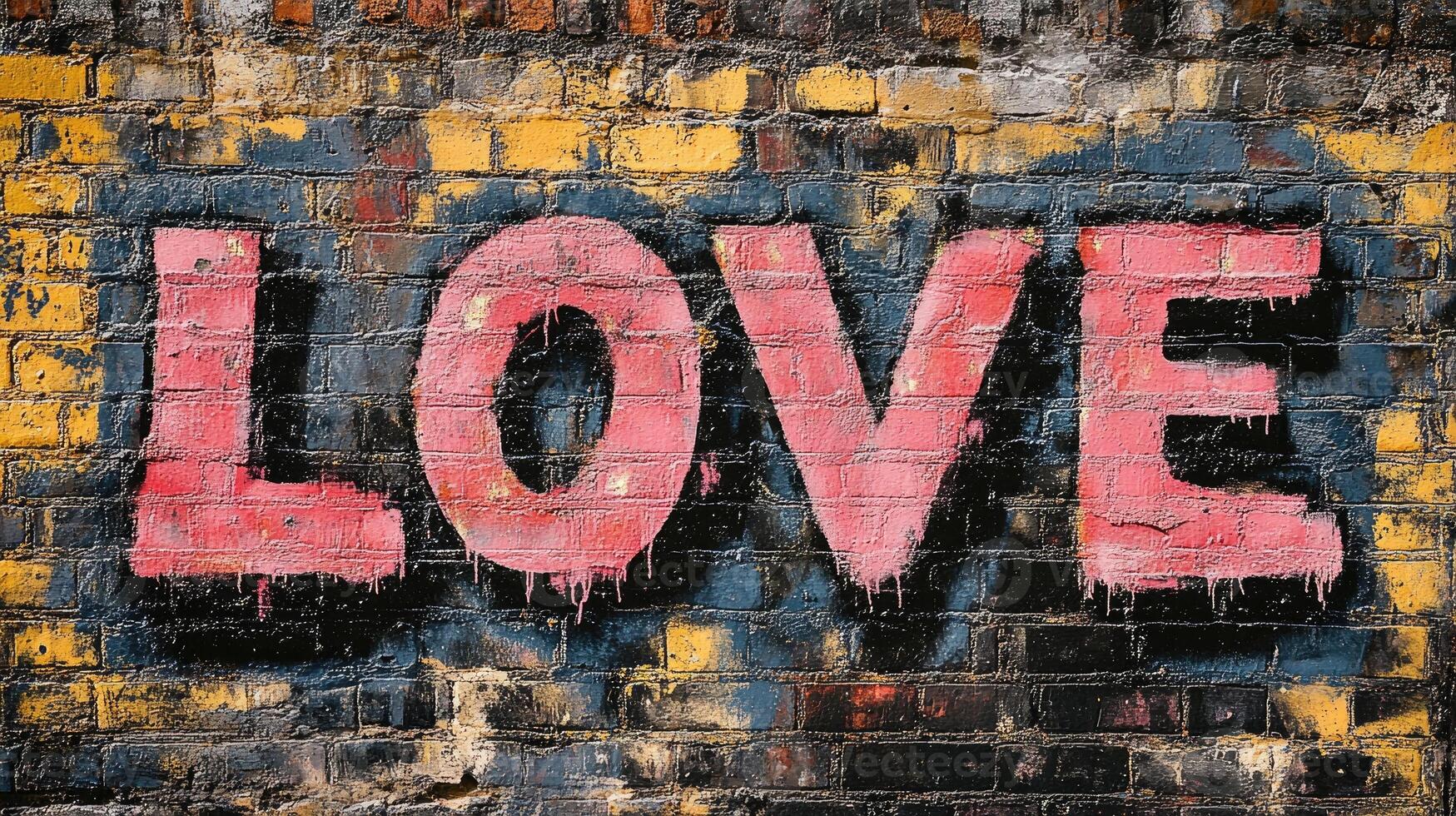 Pink love graffiti on a colorful brick wall photo
