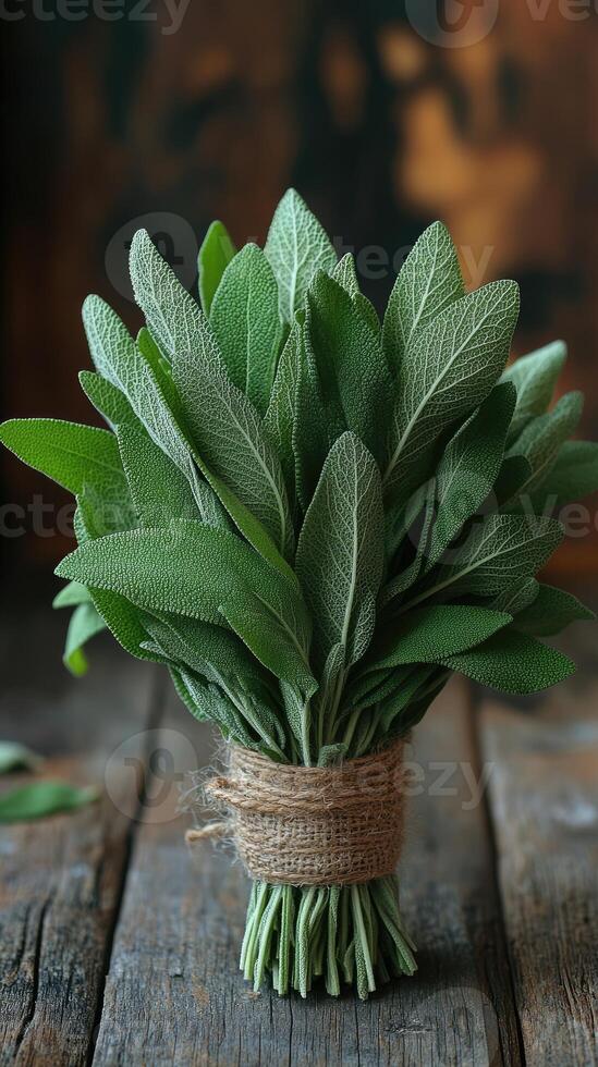 Bouquet of fresh sage tied with twine on rustic wooden table photo