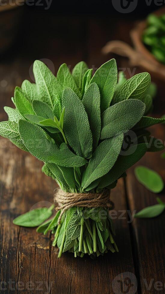 Bouquet of fresh sage tied with twine on rustic wooden table photo
