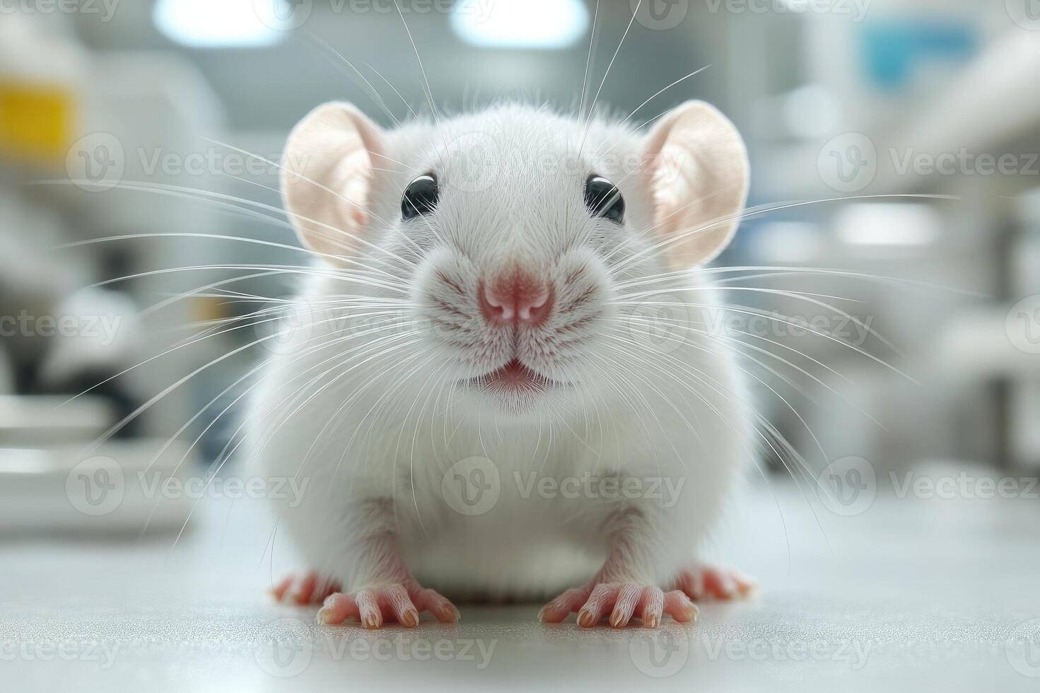 Laboratory rat is sitting on a laboratory countertop photo