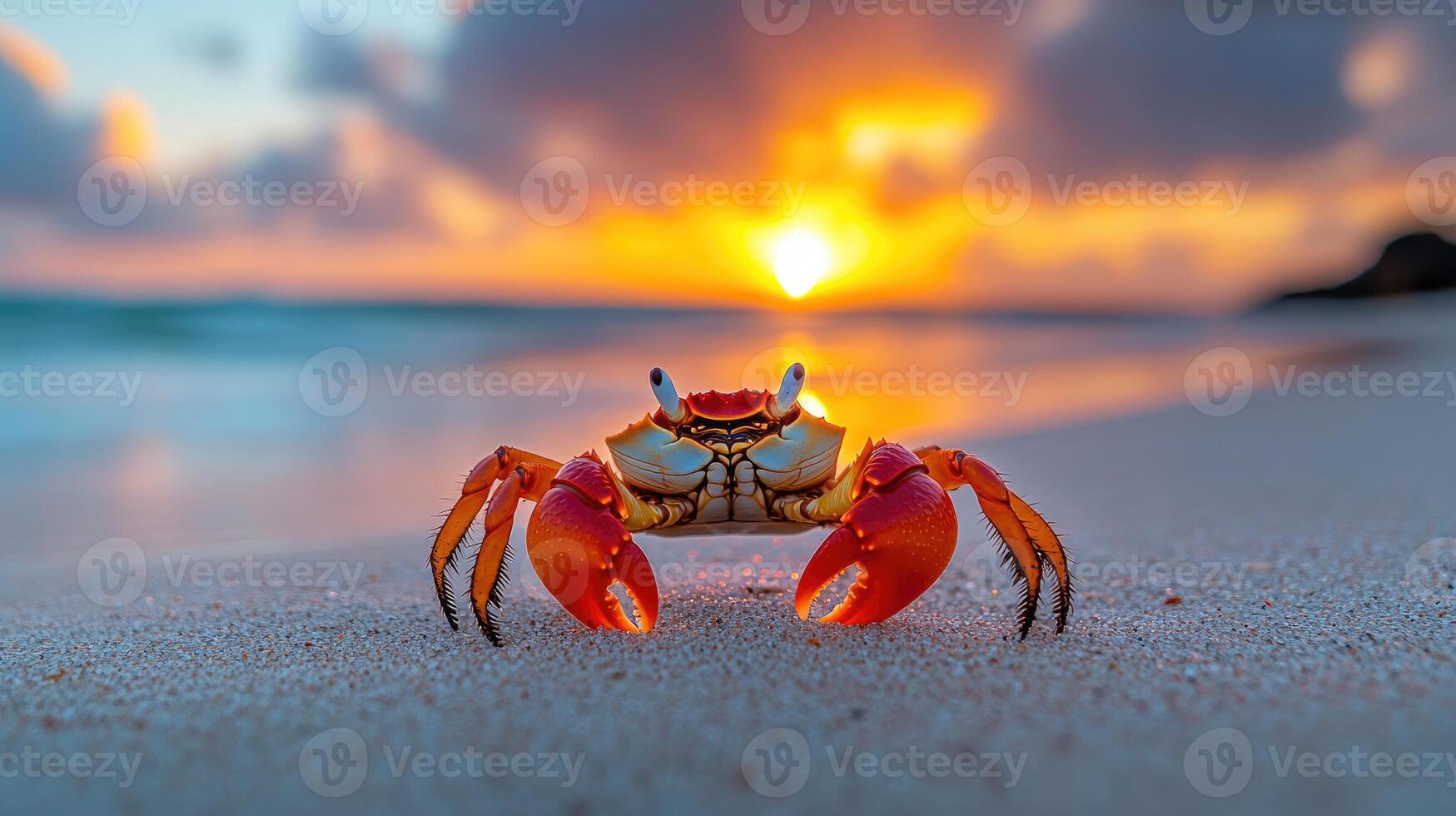 Red crab walking on the beach at sunset photo