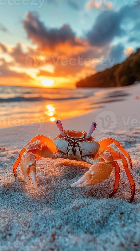 Red crab walking on the beach at sunset photo