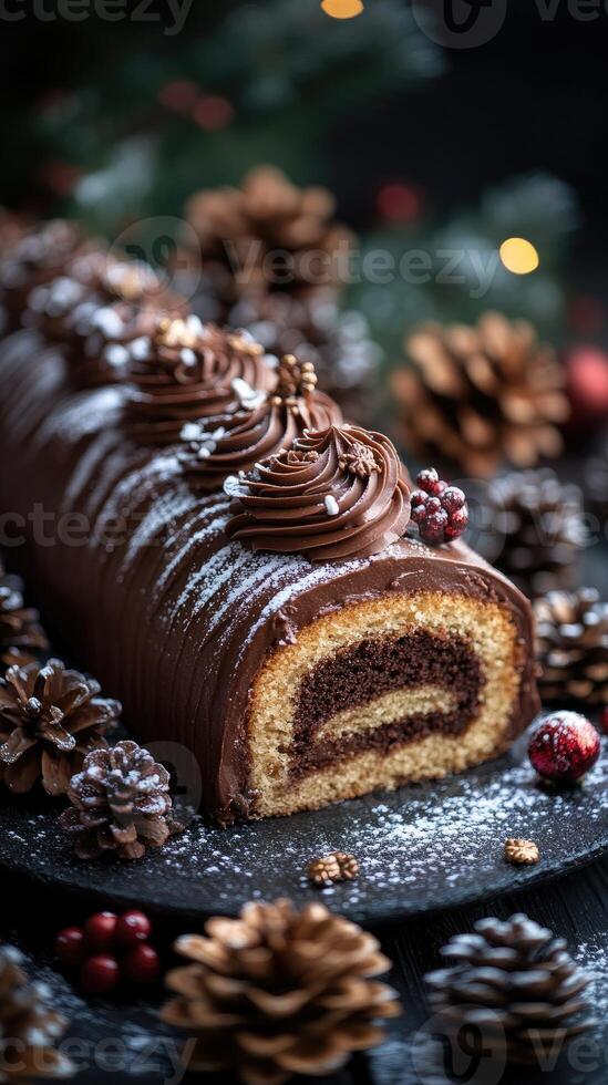 Chocolate yule log cake covered in chocolate frosting being dusted with powdered sugar photo